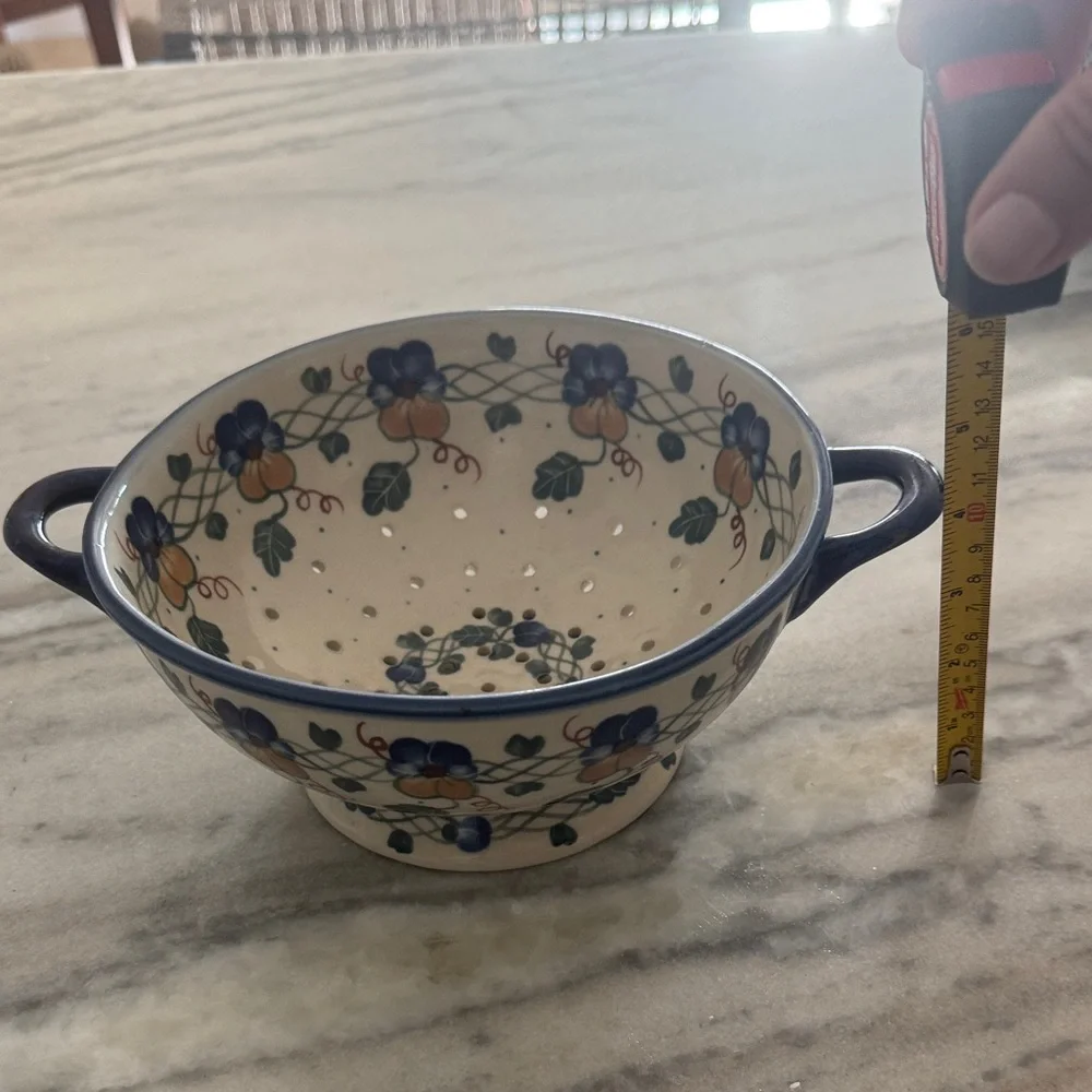 Blue Floral Ceramic Colander with Double Handles